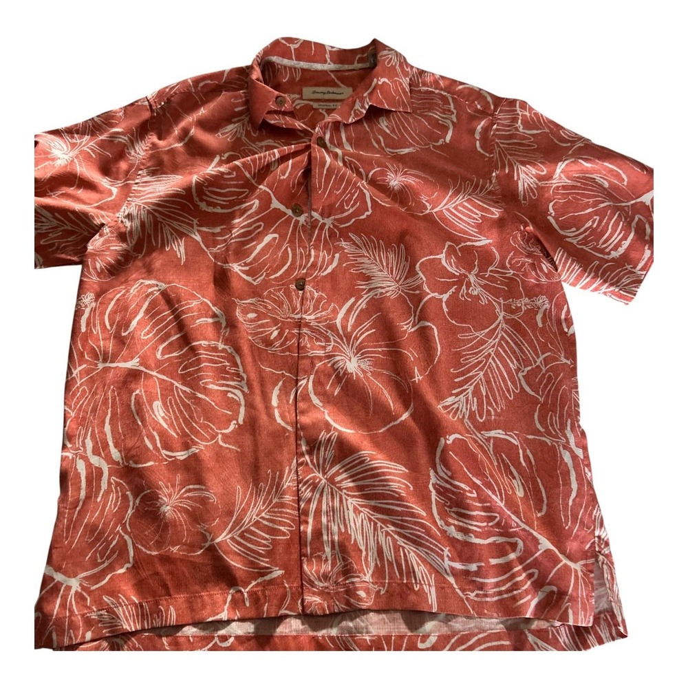 Tommy Bahama Hawaiian Beach Button Up Shirt Mens L Orange Floral Aloha Tropical